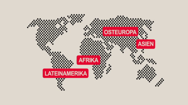 Eine Weltkarte, die die Regionen Osteuropa, Asien, Afrika und Lateinamerika hervorhebt.