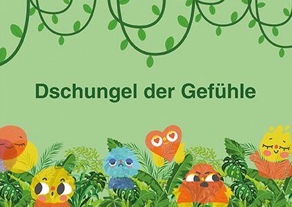 Eine farbenfrohe Illustration von Tieren in einem Dschungel, die verschiedene Emotionen darstellen, umgeben von grüner Pflanzenwelt.