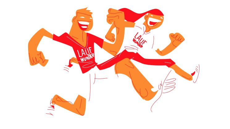Zwei fröhliche Läufer, ein Junge und ein Mädchen, rennen zusammen, tragen T-Shirts mit der Aufschrift 'LAUF WUNDER'. Sie zeigen Begeisterung beim Laufen.