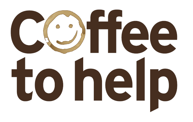 Logo mit dem Text 'Coffee to help' und einem lächelnden Gesicht als Kaffeefleck, das Unterstützung und Freude symbolisiert.
