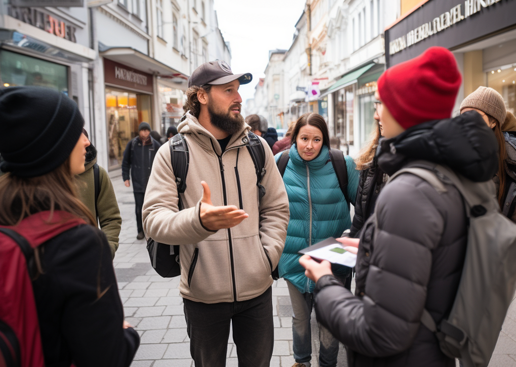 Eine Gruppe von Touristen hört einem Stadtführer zu, während sie auf einer belebten Straße stehen.