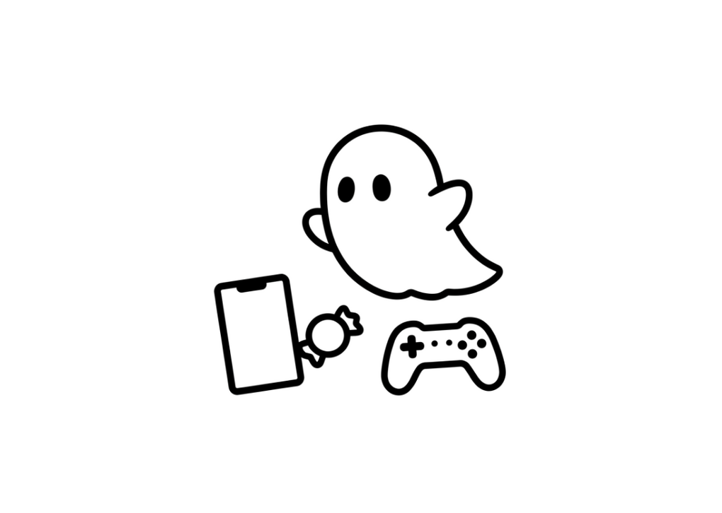 Ein Geist-Icon schwebt neben einem Handy, einem Zuckerl und einem Controller.