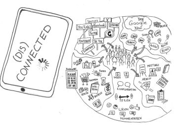 Links ein Smartphone mit dem Text ‚(dis)connected‘, daneben ein Wimmelbild zum Thema Internet – beide ohne sichtbare Verbindung.