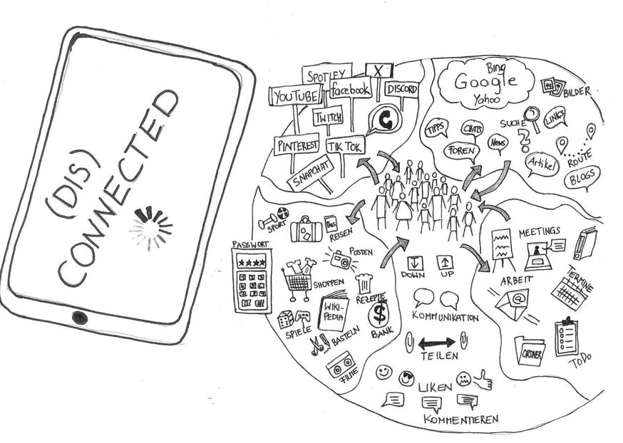 Links ein Smartphone mit dem Text ‚(dis)connected‘, daneben ein Wimmelbild zum Thema Internet – beide ohne sichtbare Verbindung.