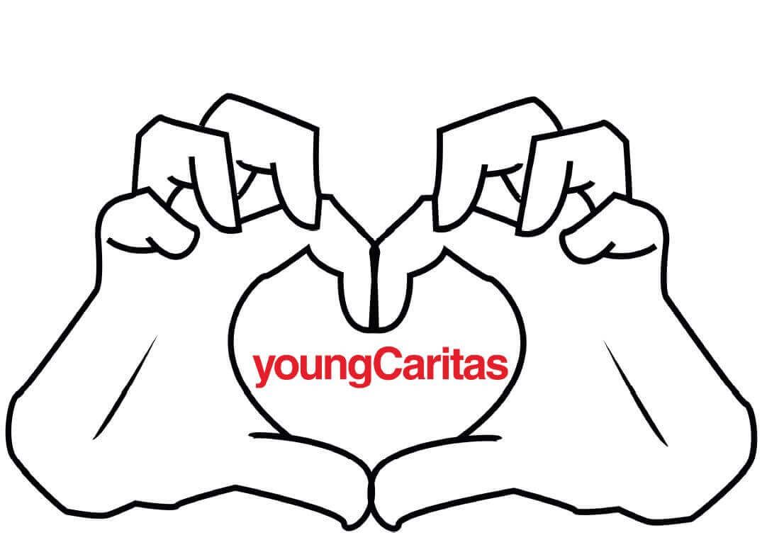 Zwei Hände formen ein Herz mit dem Schriftzug youngCaritas in roter Schrift.