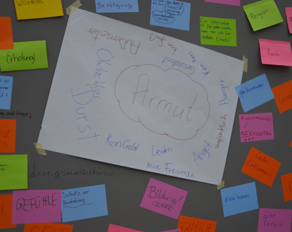 Eine Wand mit bunten Haftnotizen, die verschiedene Aspekte von Armut, Beziehungen und persönliche Befindlichkeiten darstellen.